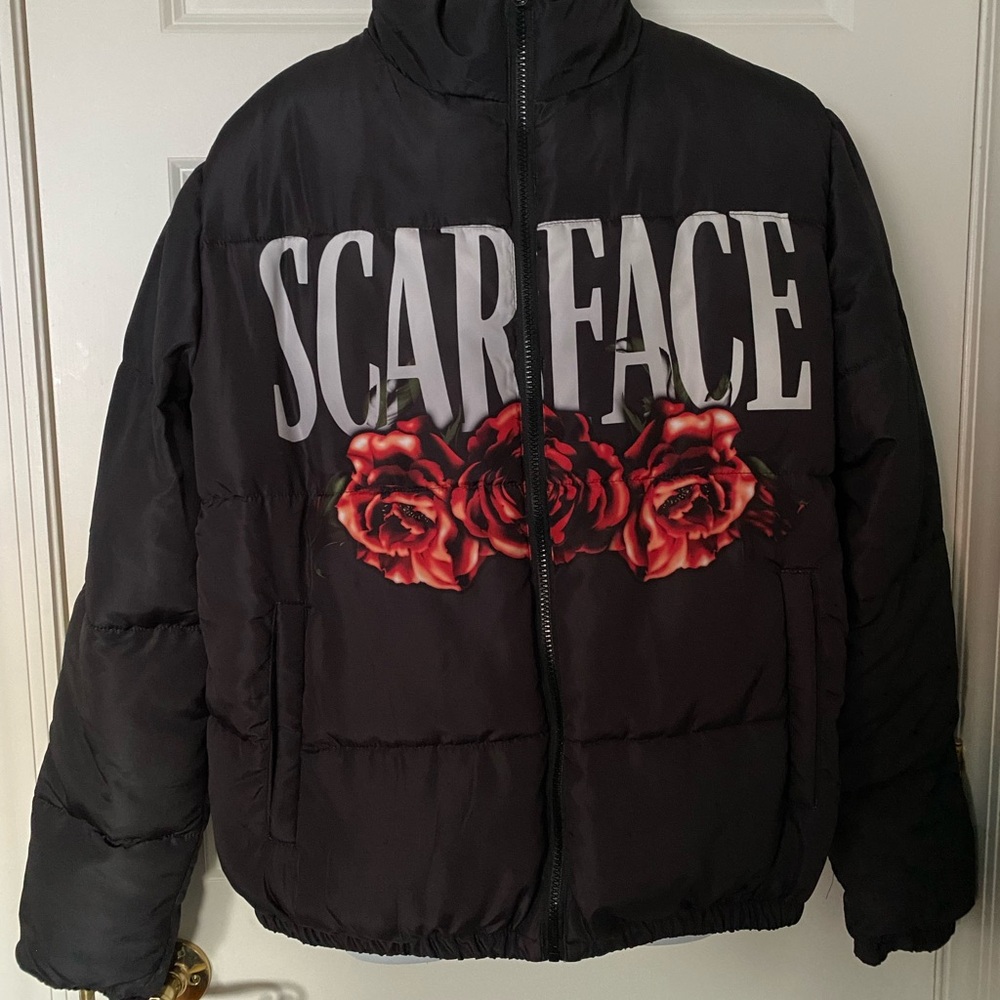 Men’s Scarface Black Puffer Jacket with Red Roses. Double-sided Design.